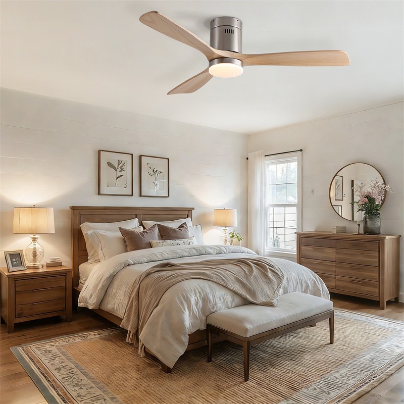 52" Modern Flush Mount Solid Wood Ceiling Fan Reversible w/Wall Switch/Remote