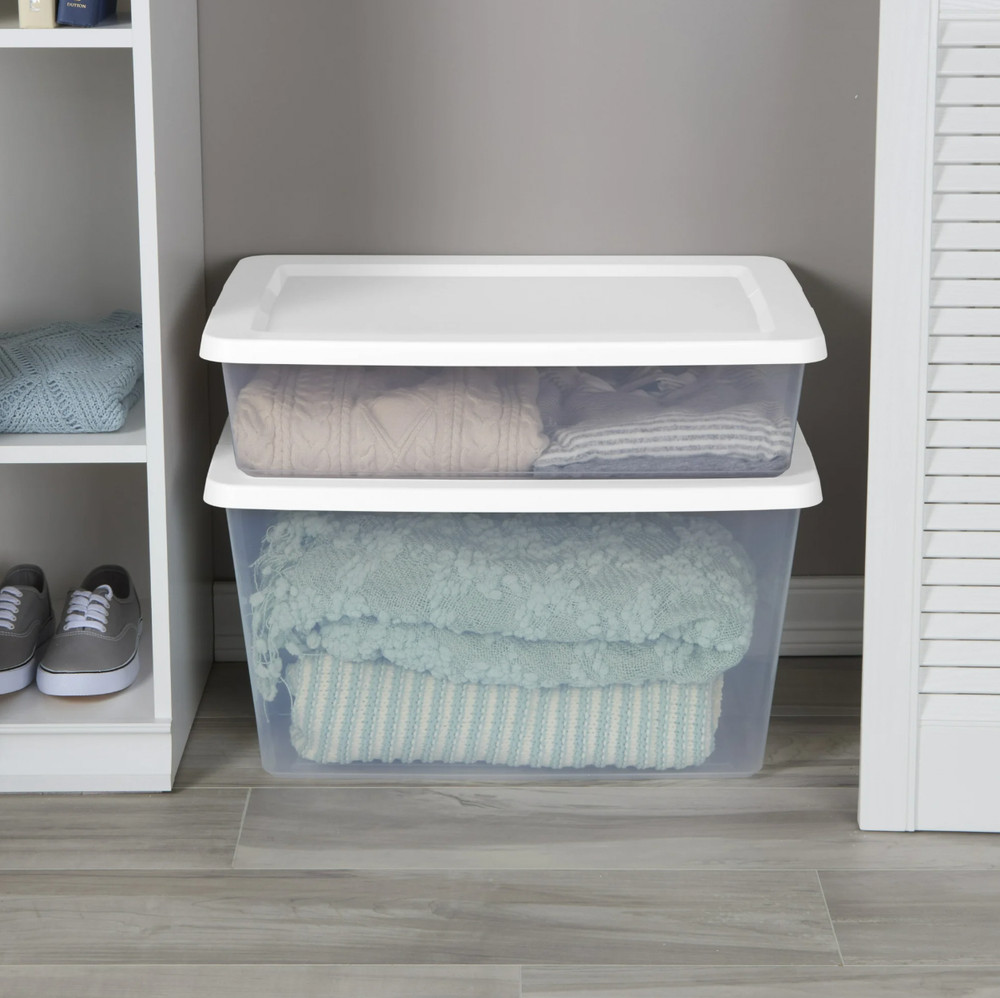58 Qt Storage Box 8 Pack Clear Plastic Bin, White Snap Lid Stackable