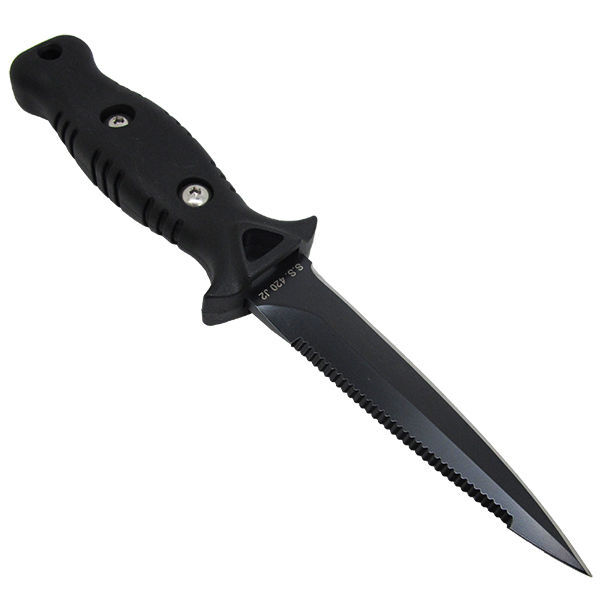 8.5" Spearfishing Low Volume Point-Tip Sharp Black Blade Dive Knife w/ Straps