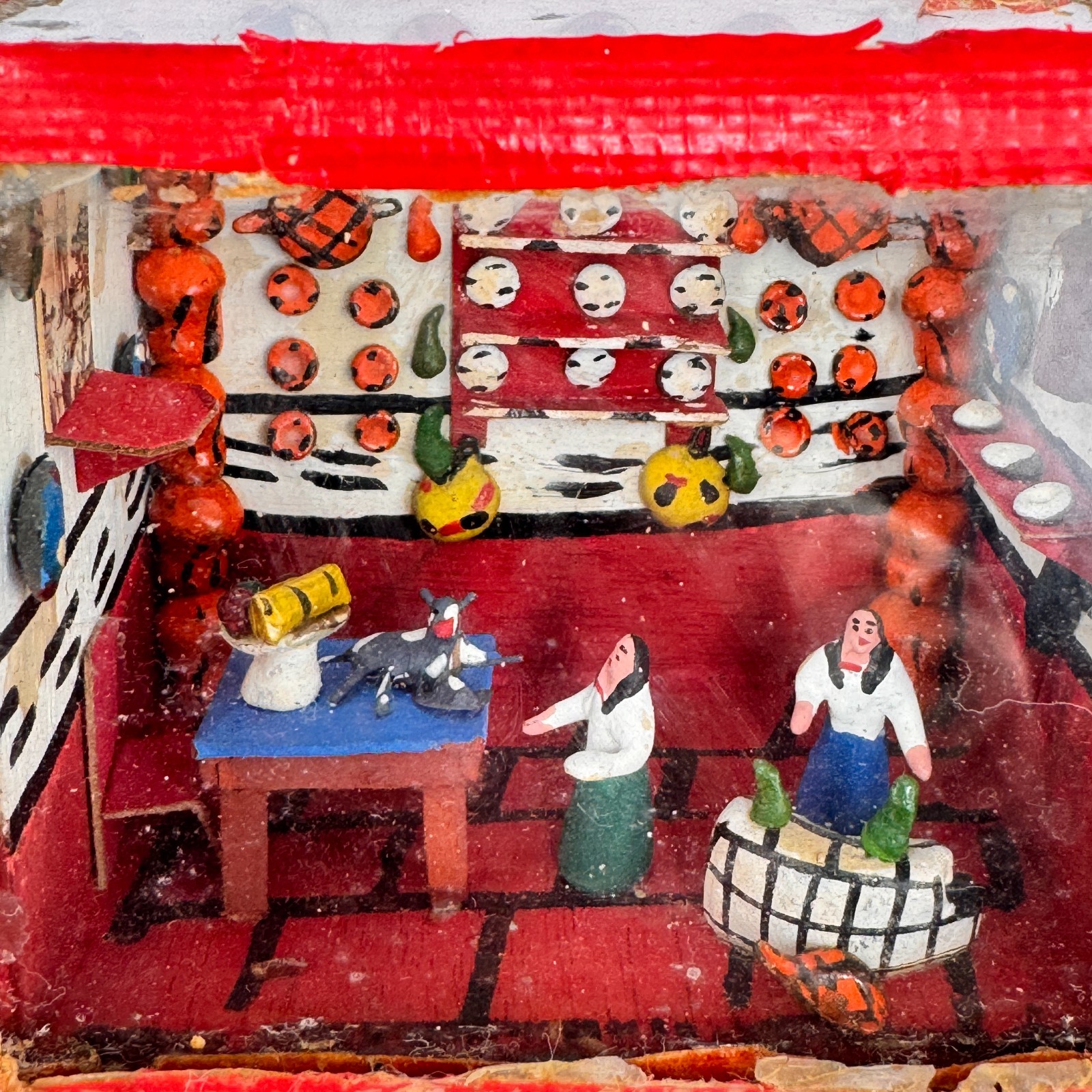 Vintage Handmade Mexican Folk Art Diorama Miniature Kitchen Scene Red Shadowbox