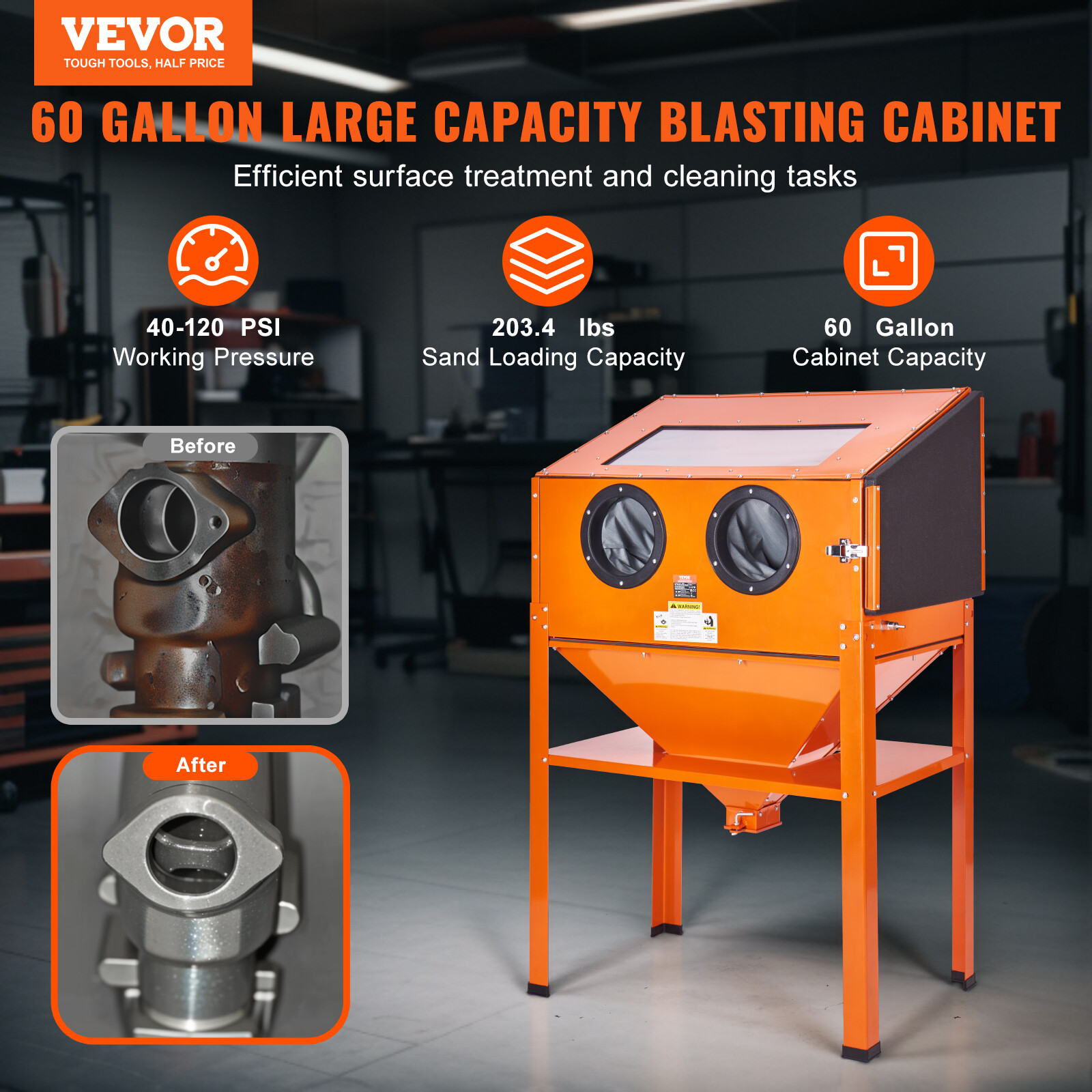 VEVOR 60 Gallon Sand Blasting Cabinet with Stand with Blasting Gun & 4 Nozzles