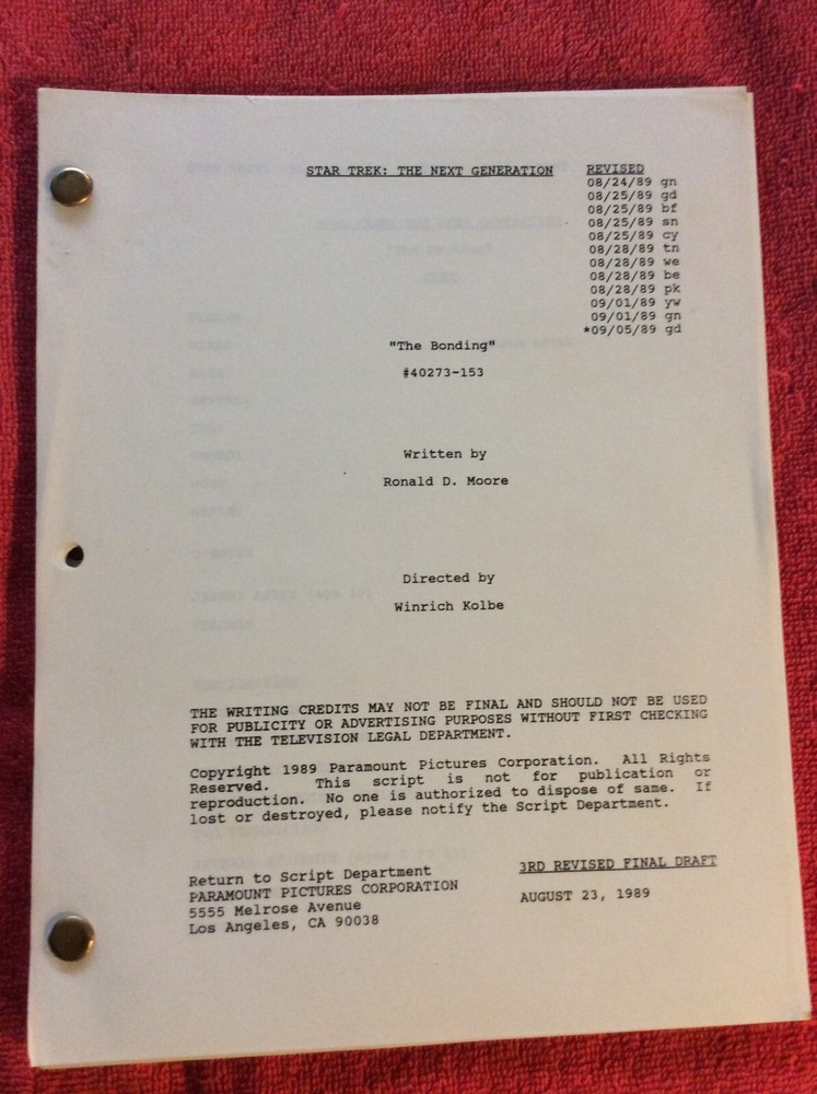 STAR TREK THE NEXT GENERATION ORIGINAL SCRIPT THE BONDING PATRICK STEWART