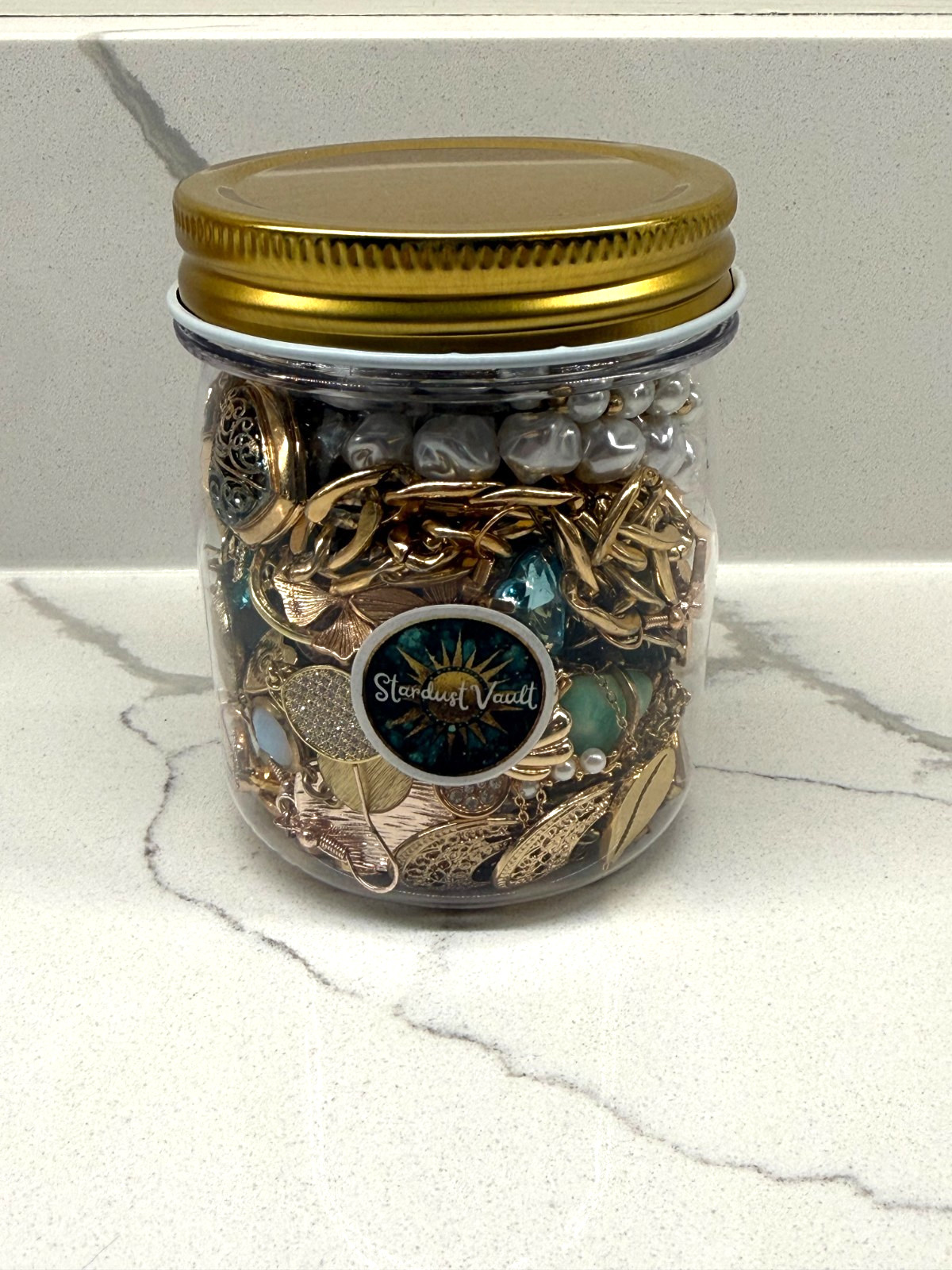 Mystery Jewelry Jar 8 oz – Gold Tone, Blue & Pearl Accents, Wearable Lot