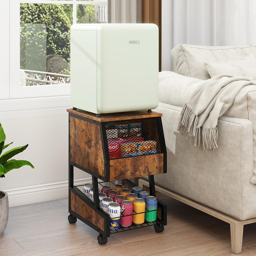 Compact Refrigerator Stand with Beverage Storage and Wheels Rolling Personal ...