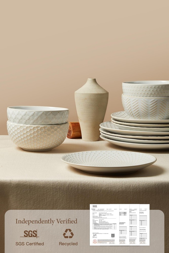24 Piece Dinnerware Sets for 8, Service 8 (24pcs), White-Mixed Embossment