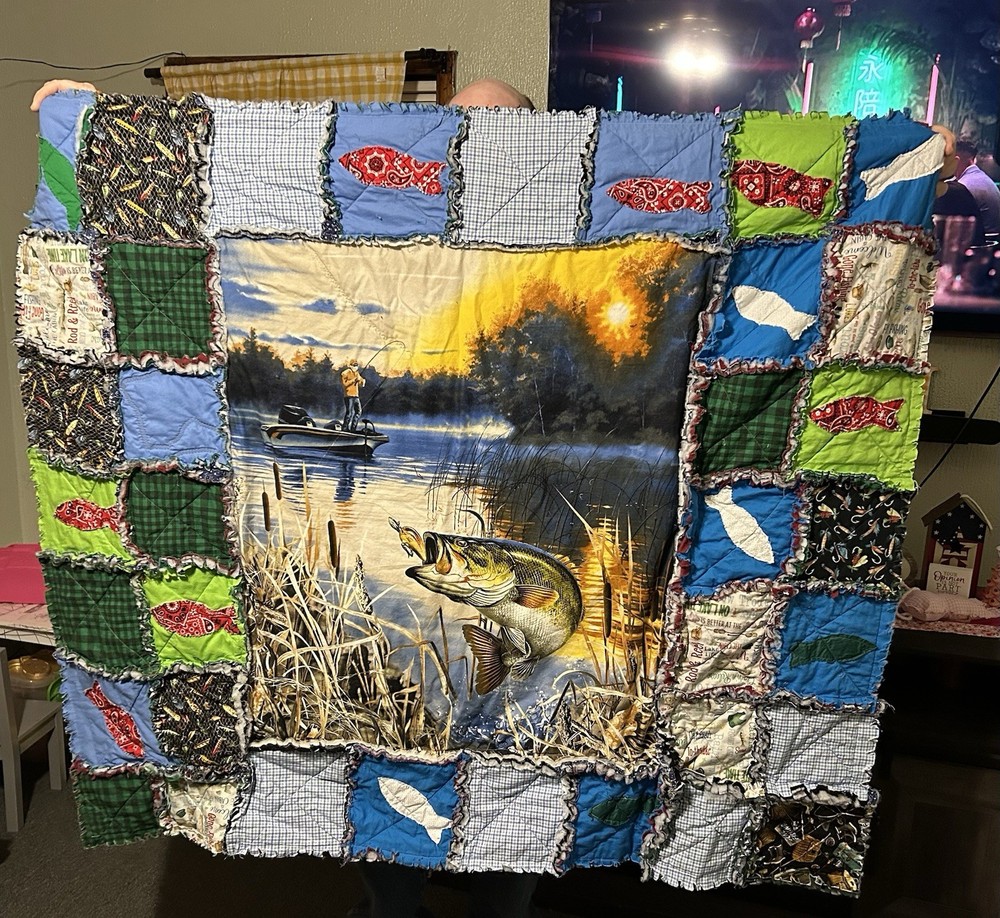 Fishing Theme Rag Quilt Handmade