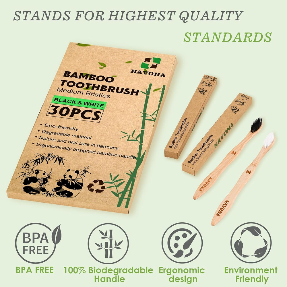 30 Pack Bamboo Toothbrushes Medium Bristles Eco Friendly Biodegradable Bulk Set