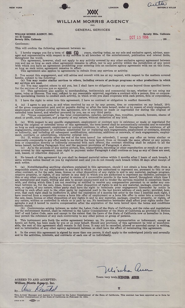 MISCHA AUER - CONTRACT SIGNED 10/15/1958
