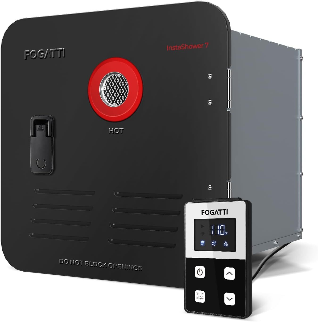 FOGATTI RV Tankless Water Heater InstaShower 7 with 15 x 15 in Black Door DC 12V