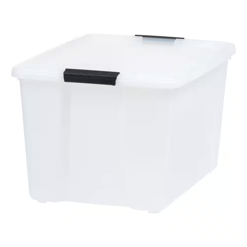 53 Qt./13.25 Gal. Stackable Nesting Storage Tote with Black Latching Clips, Whit
