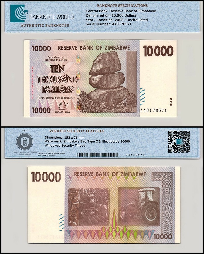 Zimbabwe 10000 Dollars, 2008, P-72, UNC, Authenticated Banknote