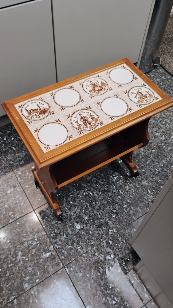 ANTIQUE WALNUT AND PINE TOP MAGAZINE RACK END TABLE On WHEELS.