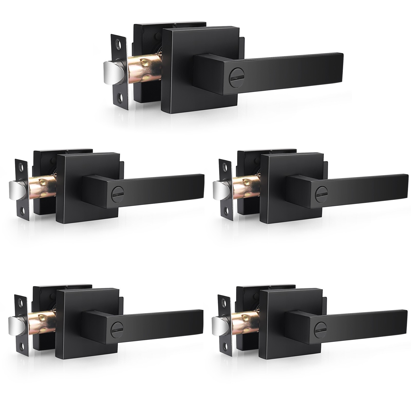 Probrico 5 Pack Black Square Door Handles Zinc Heavy Duty Privacy Lever Keyless