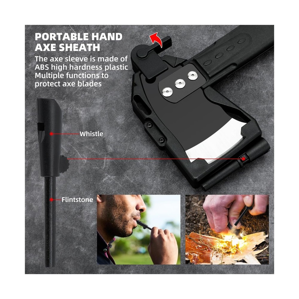 Multifunctional Hammer Head Axe Survival Tactical Tool - Folding Saw, Flintst...