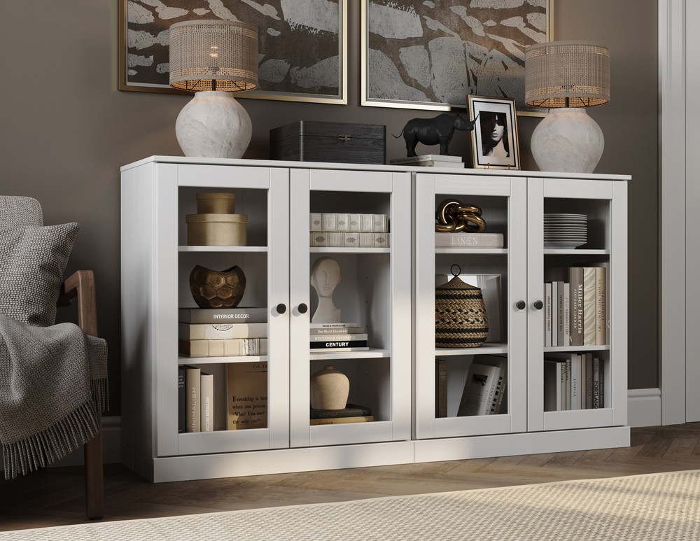 100% Solid Wood 64" Modular Sideboard, 2 Clear Glass Doors