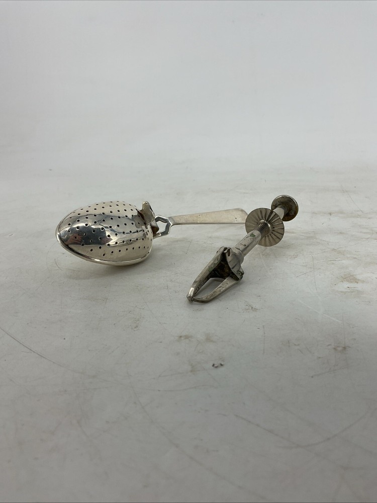 2 PACK Vintage E.P.N.S. Tea Infuser & Sugar Cube Olive Mechanical Tongs