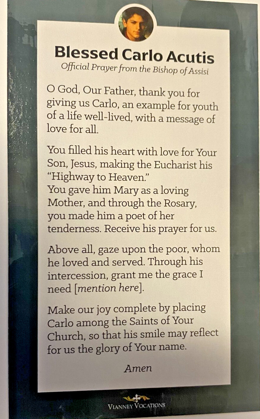 Blessed Carlo Acutis, (Apostle of the Eucharist) Prayer Card, New #PC-112