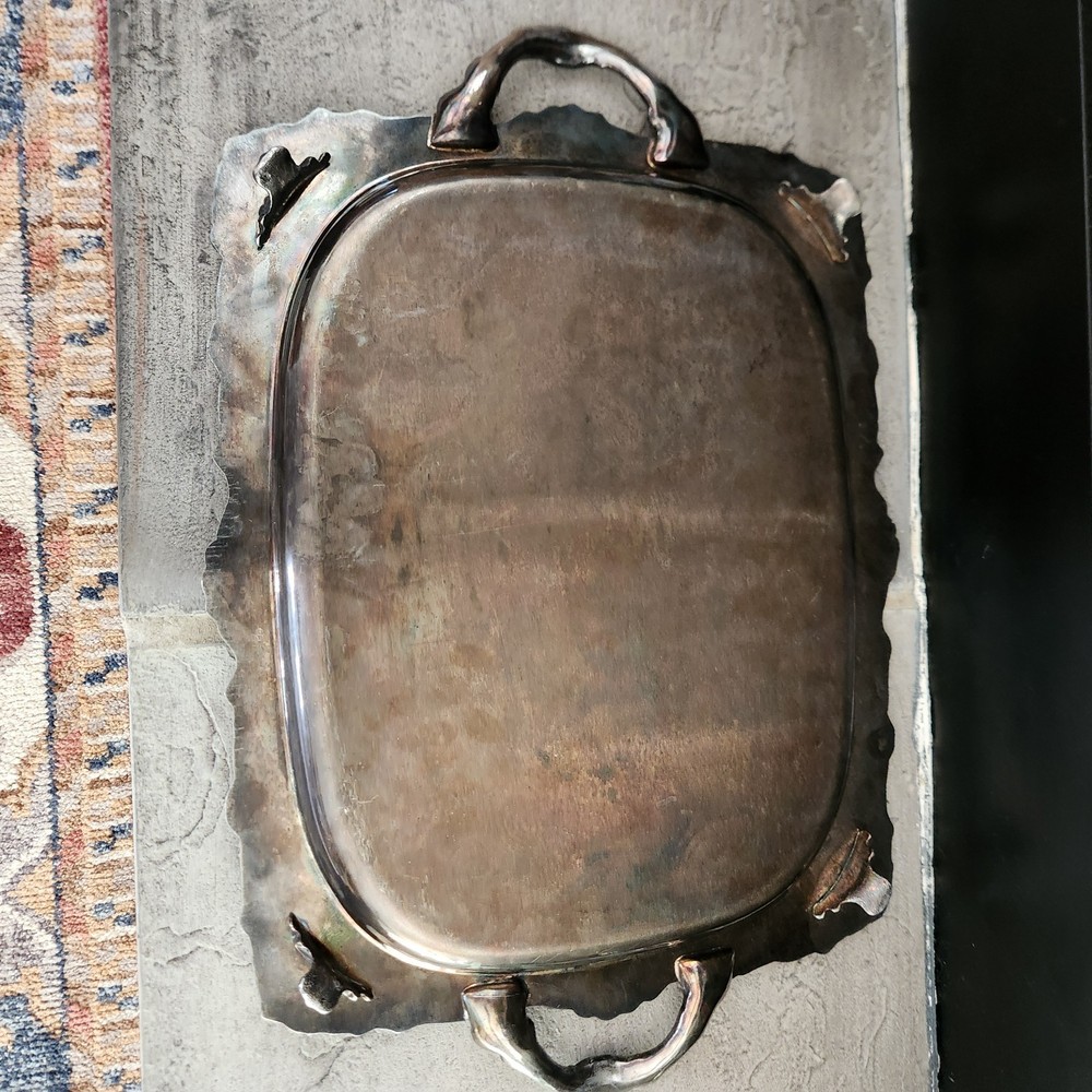 Antique SILVER PLATE 23" LONG RECTANGULAR FOOTED TRAY WITH HANDLES Heavy