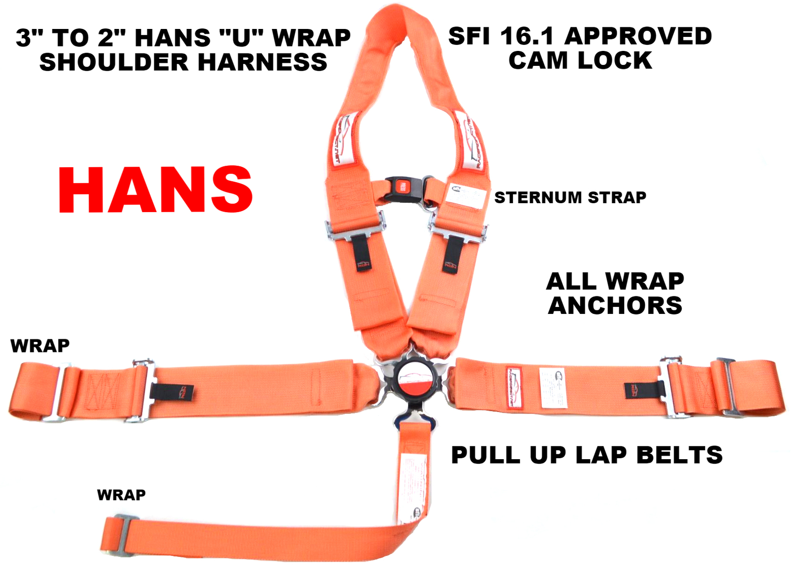 DRAGSTER U RACING HARNESS PULL UP HANS SFI 16.1 5 POINT 3" CAM LOCK BELT ORANGE