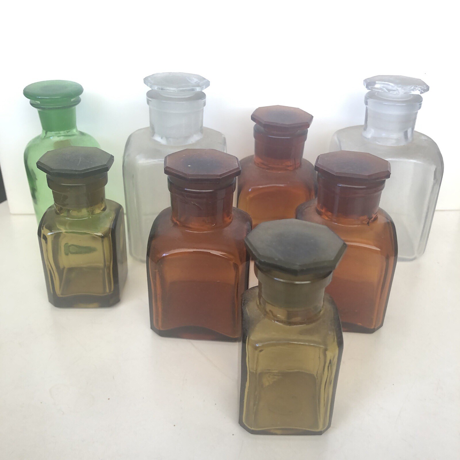 Eight Vintage Glass Reagent Science Chemistry Bottles Laboratory Wide Neck