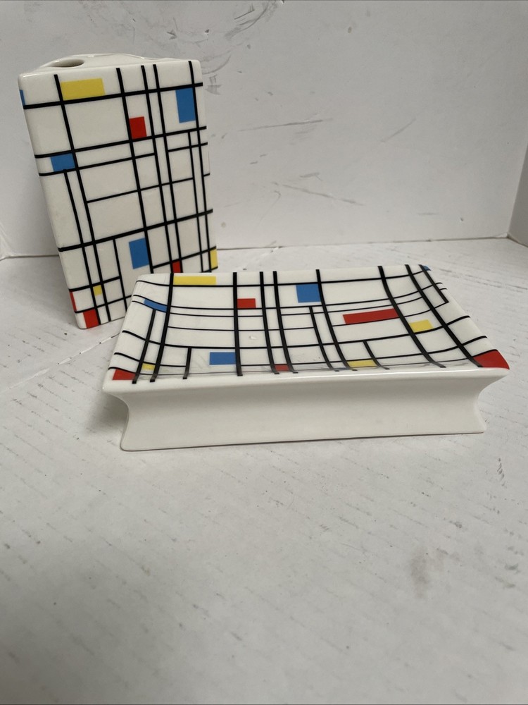 Piet Mondrian style triangular ceramic toothbrush holder and soap dish