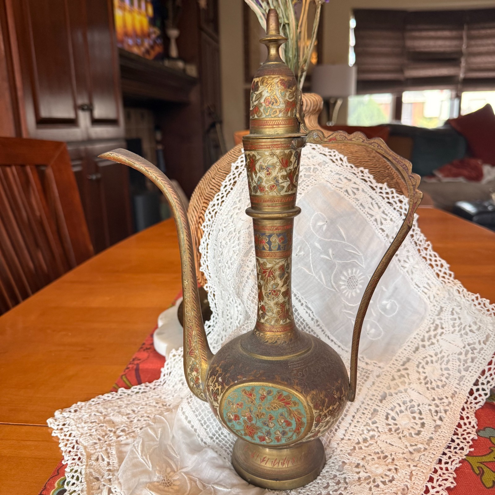 Vintage Etched Brass Oil Decanter Hinged Lid Made in India Water Floral Ornate