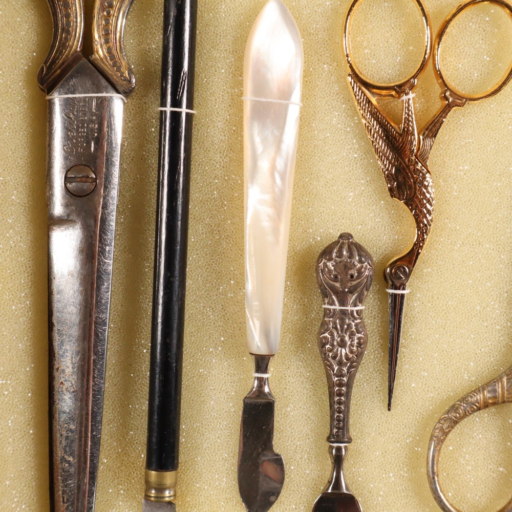 Antique Sewing Tools Scissors Quill Knives Thread Snips Display See Description