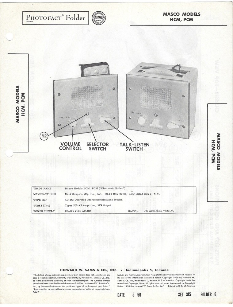 1956 MASCO INTERCOM HCM PCM Photofact MANUAL Schematic Intercommunication System