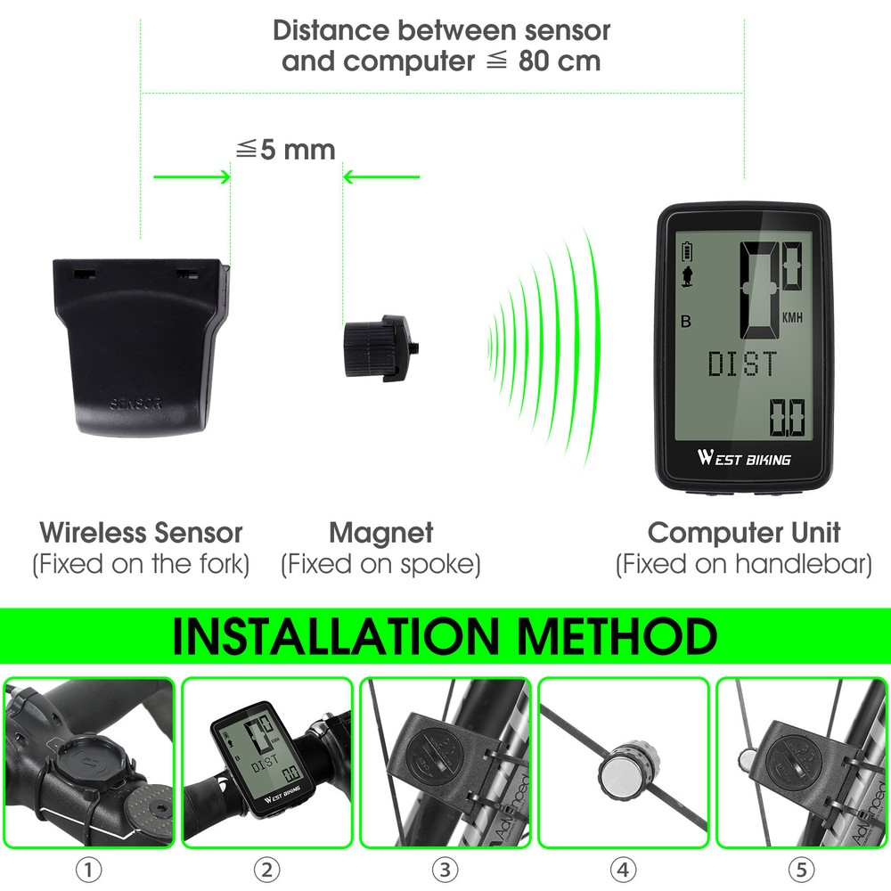 WEST BIKING Wireless USB Rechargeable Waterproof Bicycle Computer Speedometer