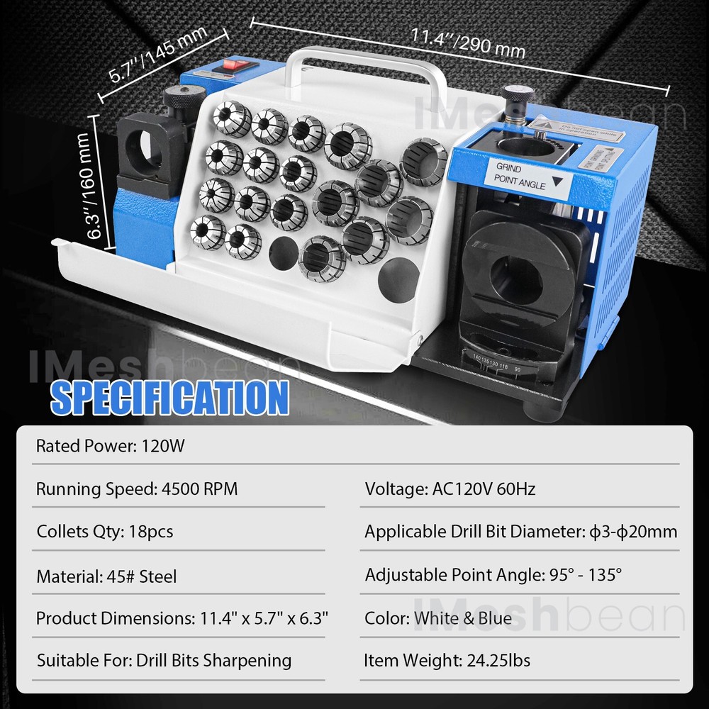 Drill Bits Sharpener 3-20mm Bits Grinder Sharpener w/CBN & SDC Wheels 18 Collets
