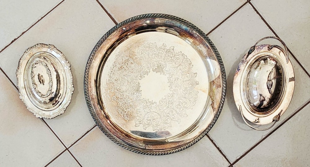 Silverplate Lot 7 Pieces Trays Covered Dishes Assorted Serving Pieces +10 lbs