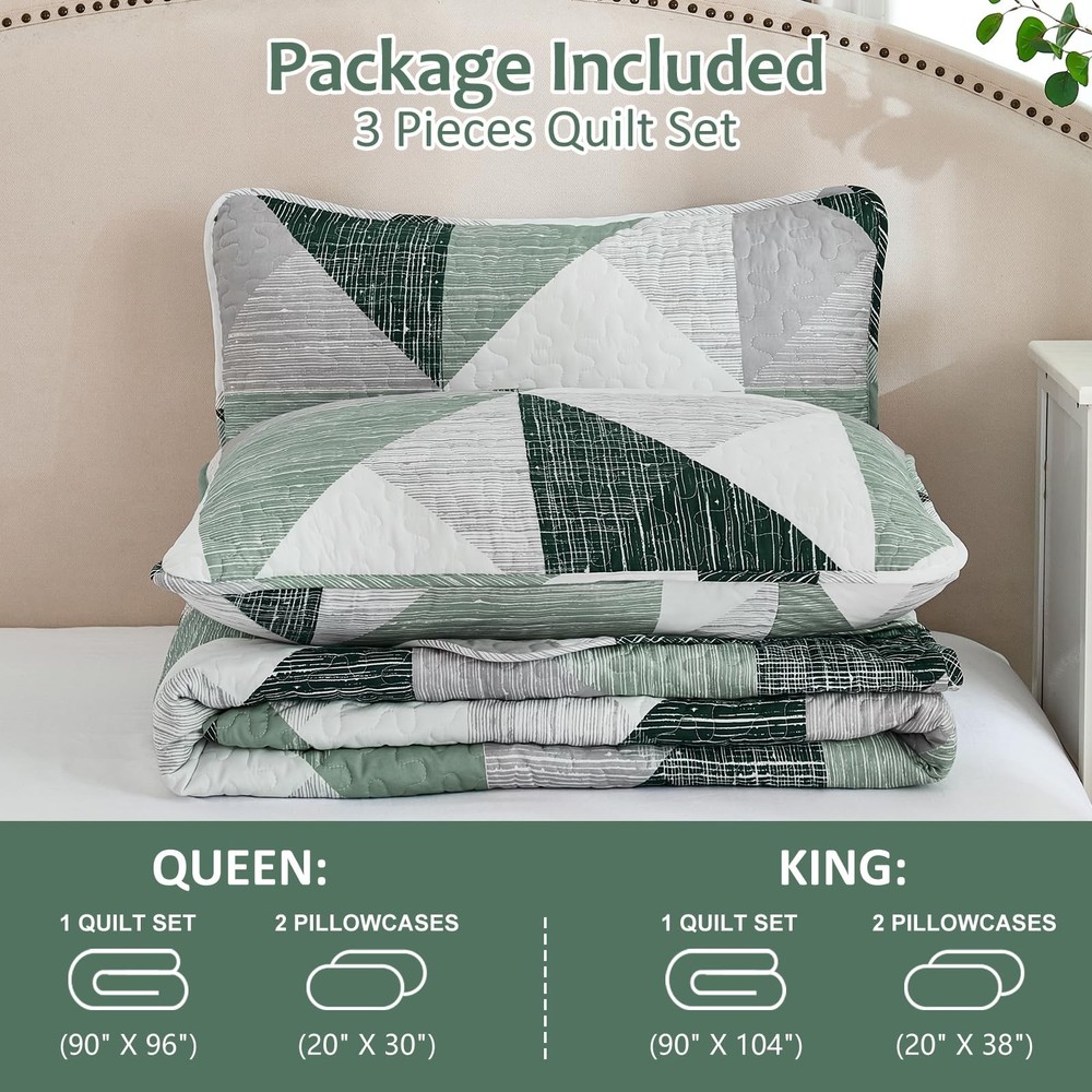 Dintszyayue Quilt Queen Size Green, 3 Pieces Patchwork Bedspread Bedding for ...