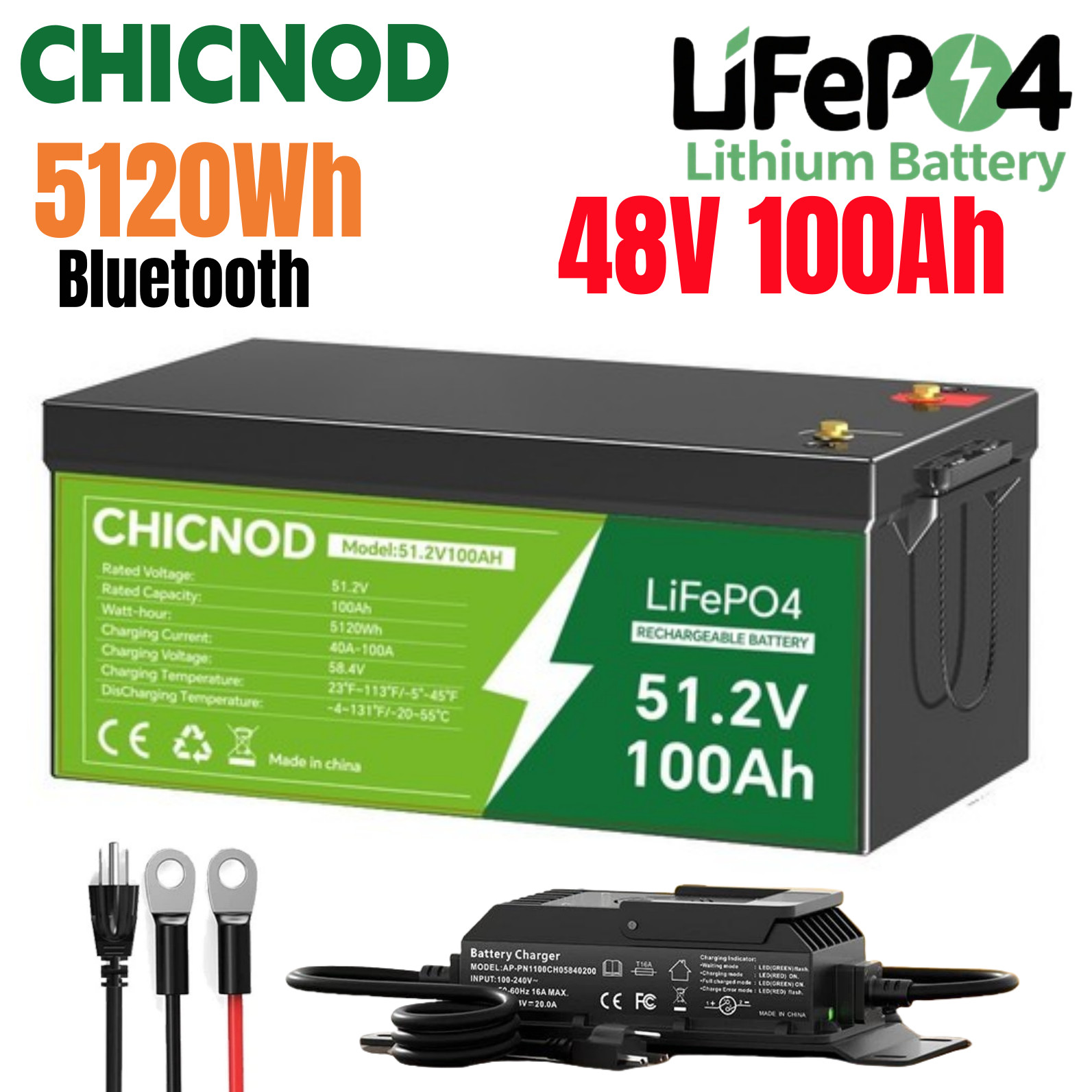 48V 100Ah LiFePO4 Lithium Battery Bluetooth BMS with Charger For Solar Camp RV