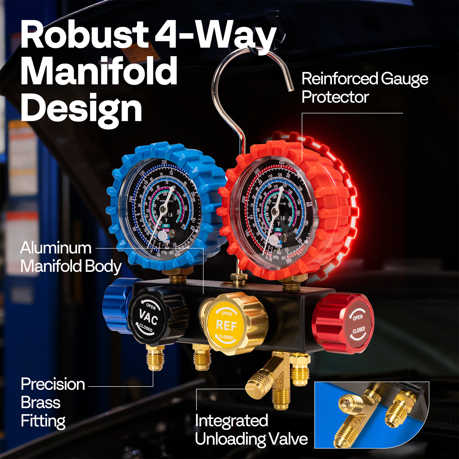 4 Valve HVAC Manifold Gauge Set R410A R454B R32 R22 AC Gauges w/ 5ft Hoses Kit