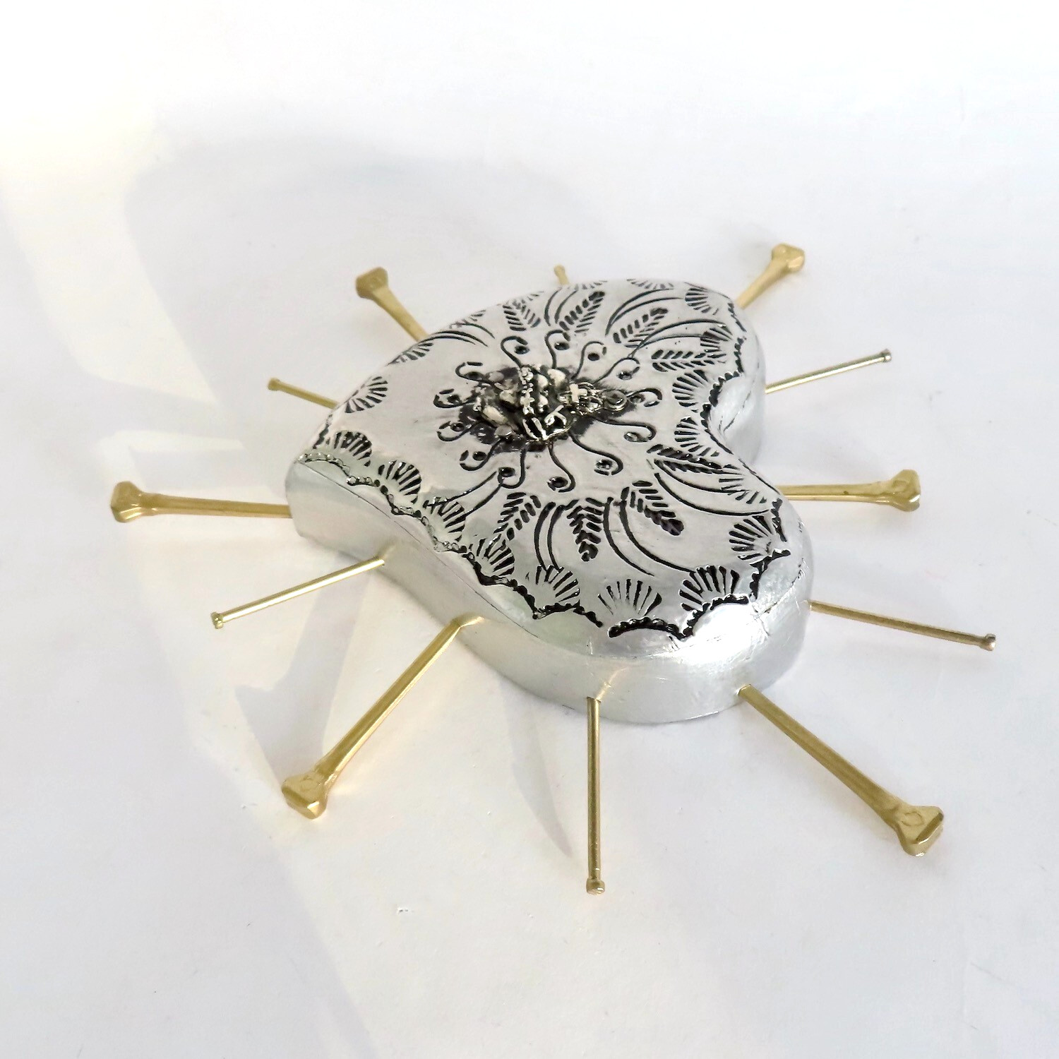 Milagros Sacred Heart Nails Wood Silver Embossed Handmade Mexican Folk Art 6H