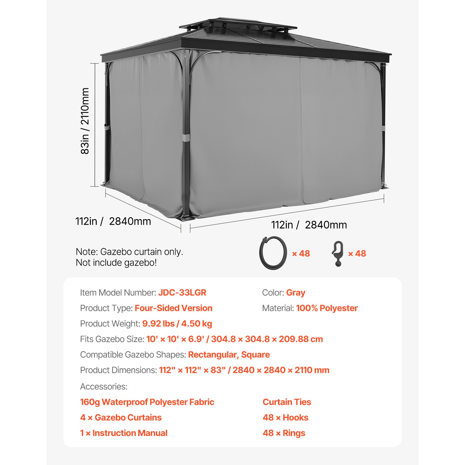 Gazebo Privacy Curtain 10' x 10' x 6.9' Waterproof Gazebo Curtains Gray