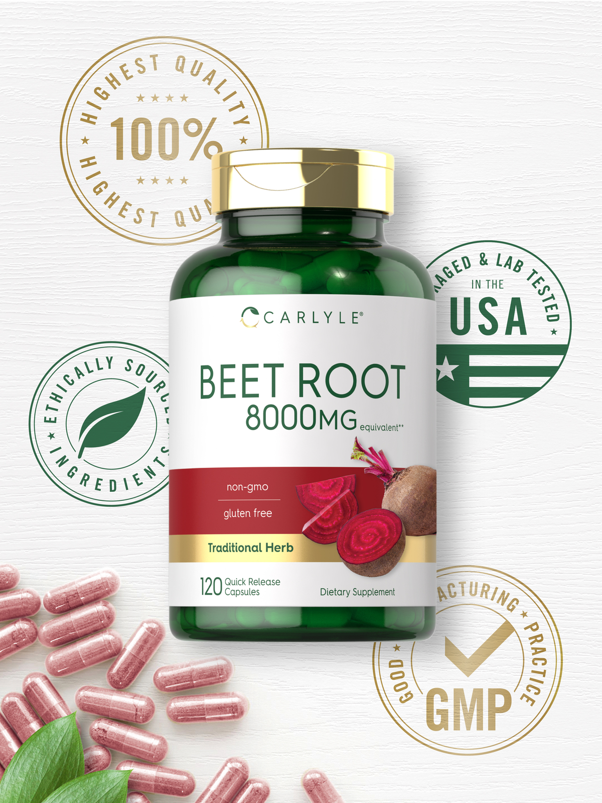 Beet Root Capsules | 8000mg | 120 Count | Non-GMO, Gluten Free | by Carlyle