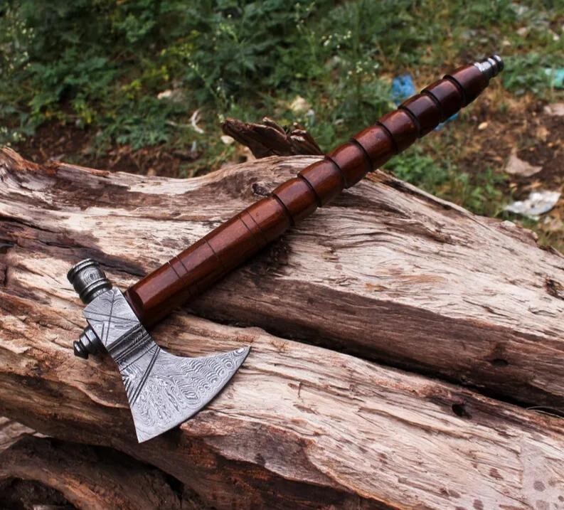 Custom Handmade Forged Damascus Blade Pipe Axe Tomahawk Hatchet Integral Axe