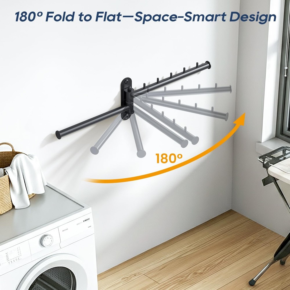 Wall Mounted 2Tier Laundry Drying Rack Swing Arm Foldable Hanger 10 Clips