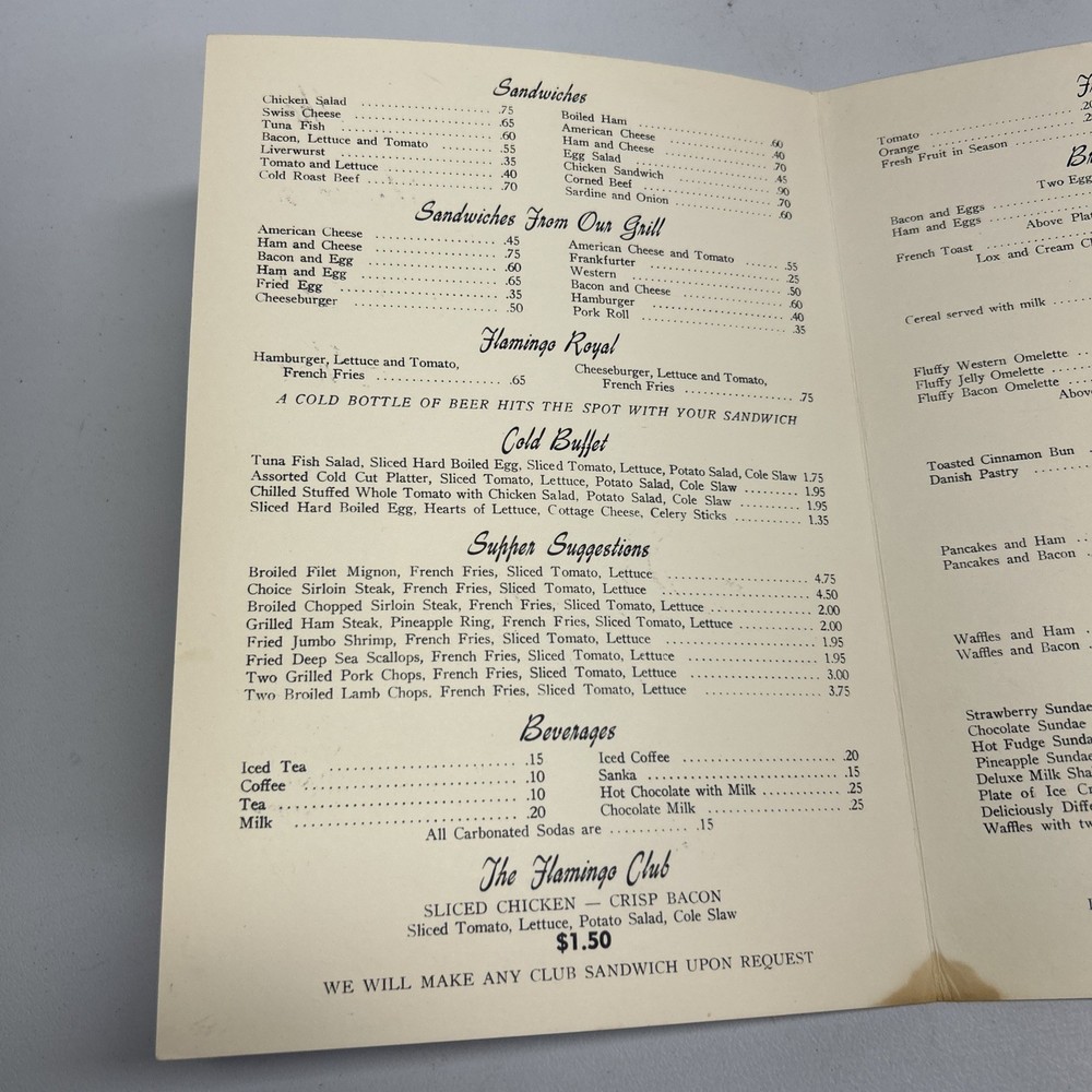 Flamingo Cafe Vintage Menu. B22