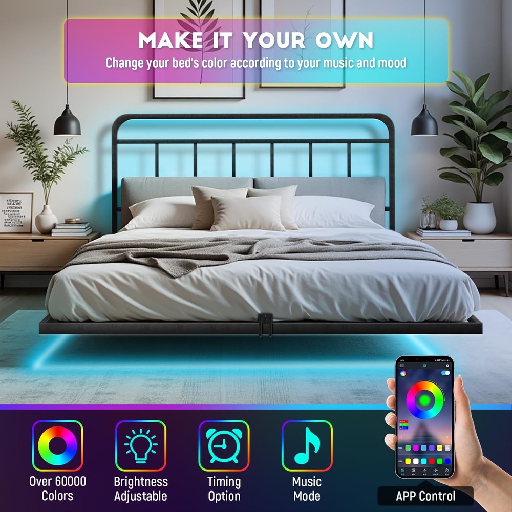 Floating Full Size Platform Bed Frame with LED Lights & Charging Station - In...