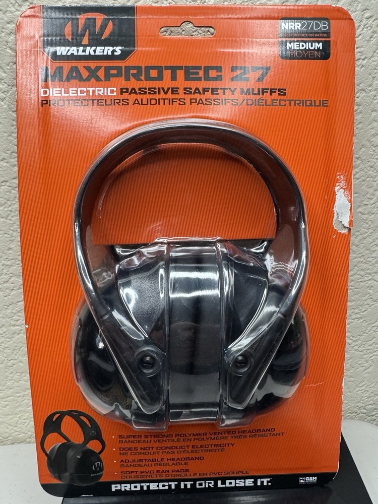 Walkers Max Protec 27 Passive Adjustable Earmuffs (NRR 27dB), Black - Medium