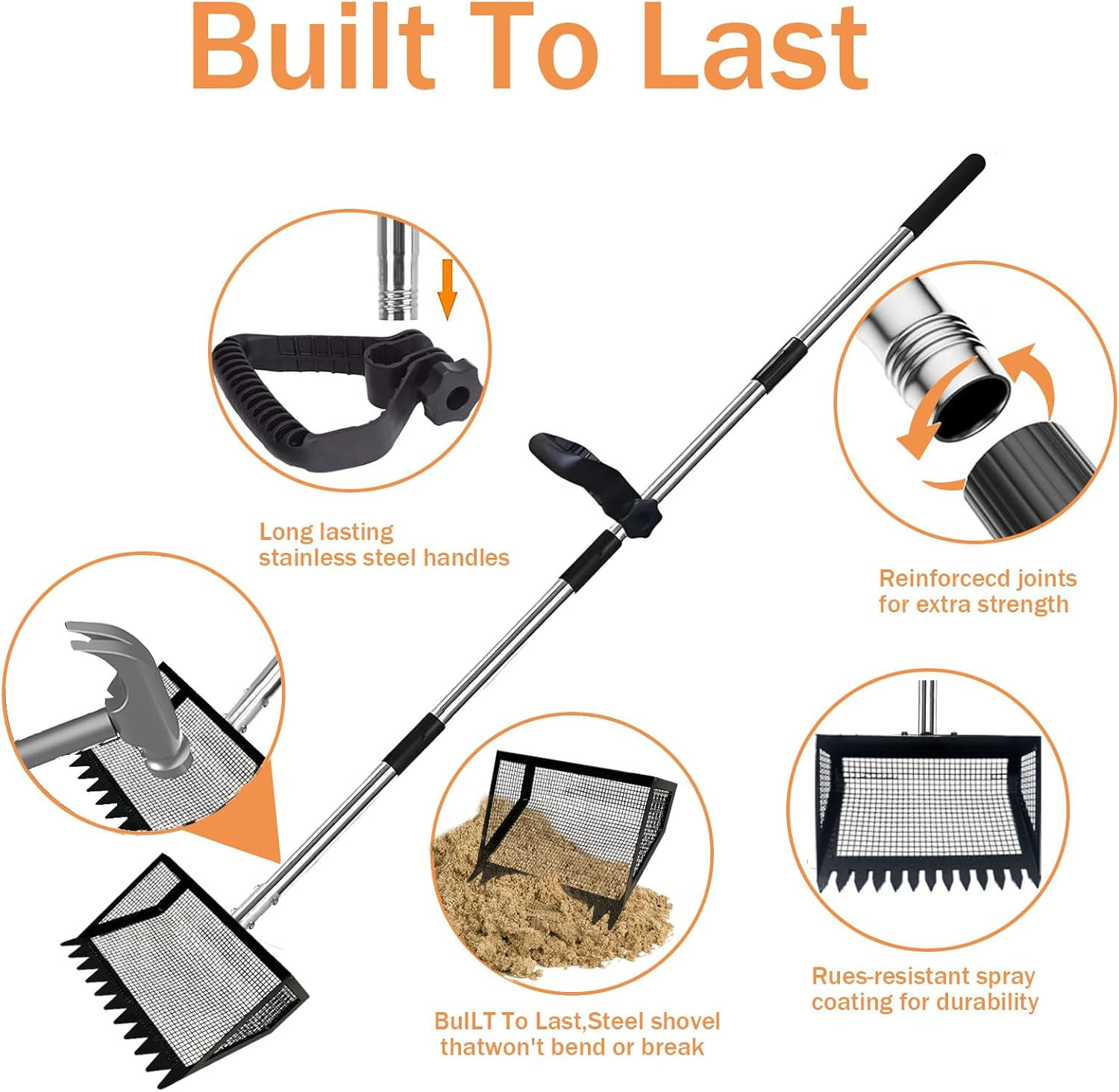 12" Metal Chicken Poop Scooper Rake for Sand with 24 to 68" Handle, Adjustable C