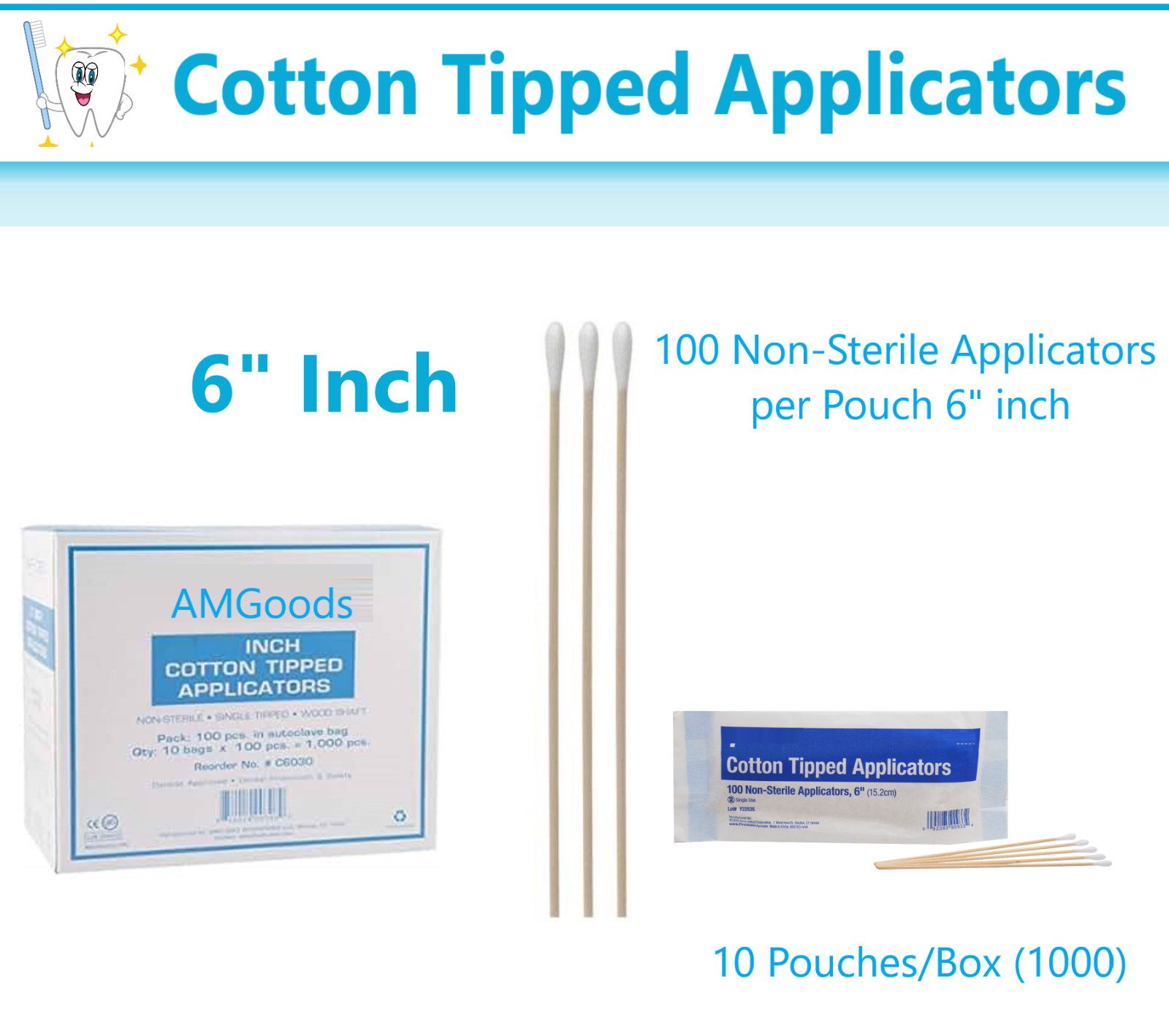 1000/Bx Cotton Swabs Swab Q-tips 6" Long Wood Medical Grade Manufacturer Sealed