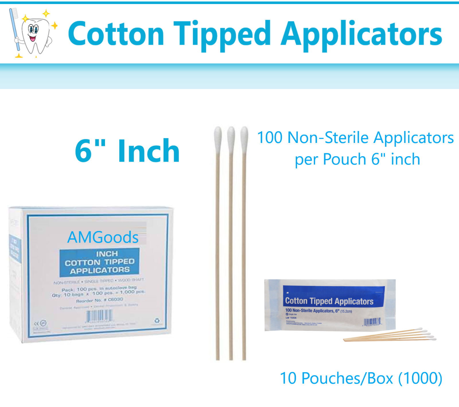 1000/Bx Cotton Swabs Swab Q-tips 6" Long Wood Medical Grade Manufacturer Sealed