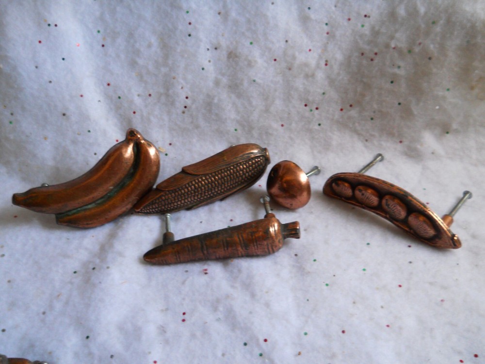 Copper CABINET DRAWER PULLS Knobs Ajax Kitchen 3" Corn Carrot Pea Banana Apple