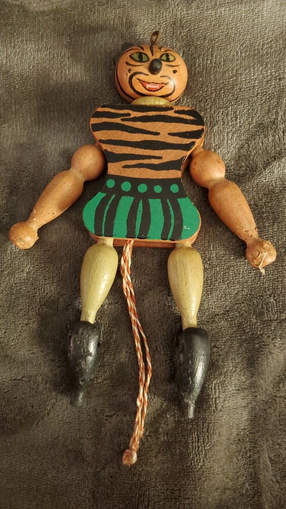 Vintage Wooden Puppet Pull String Toy Tiger