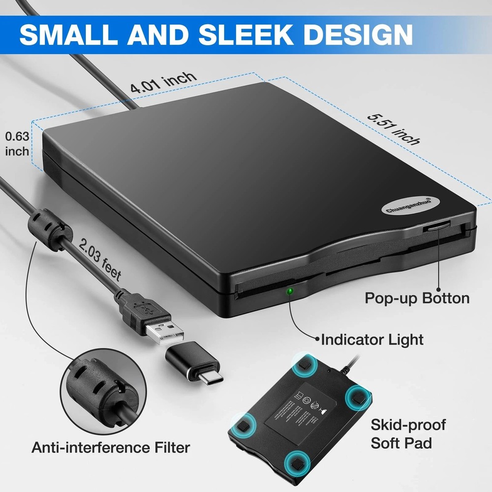 Floppy Disk Reader, 3.5 inch 1.44mb External USB Type A/C Inch, Blackb