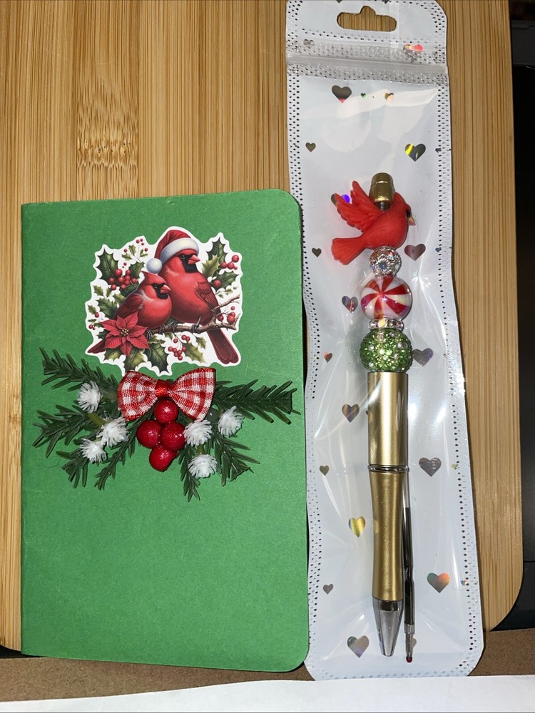 HANDCRAFTED RED BIRD BEADED PEN & NOTE PAD SET