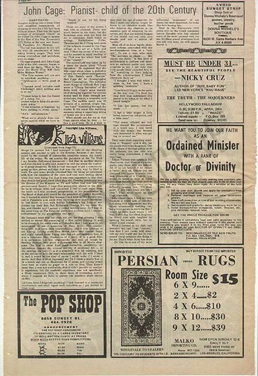 JOHN CAGE ORIGINAL NEWSPAPER ARTICLE 1970